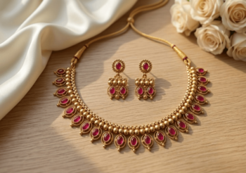 Antique gold matte temple jewelry set ruby  stone choker necklace drop earrings indian wedding bridal 3