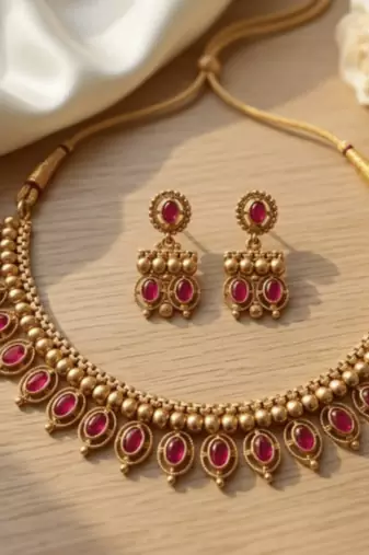 Antique gold matte temple jewelry set ruby  stone choker necklace drop earrings indian wedding bridal