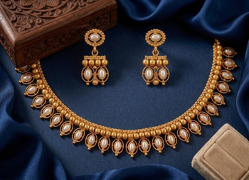 Antique gold matte temple jewelry set white  stone choker necklace drop earrings indian wedding bridal 1