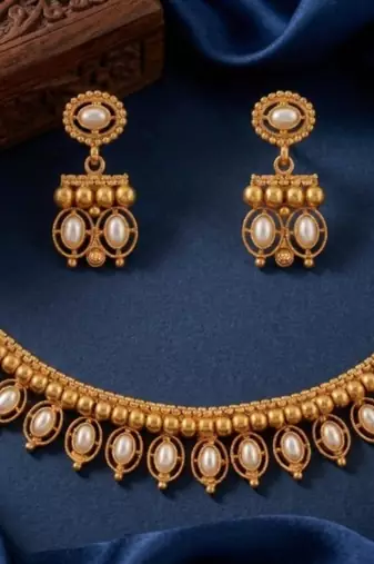 Antique gold matte temple jewelry set white  stone choker necklace drop earrings indian wedding bridal