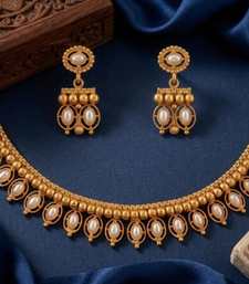 Antique gold matte temple jewelry set white  stone choker necklace drop earrings indian wedding bridal