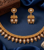 Antique gold matte temple jewelry set white  stone choker necklace drop earrings indian wedding bridal