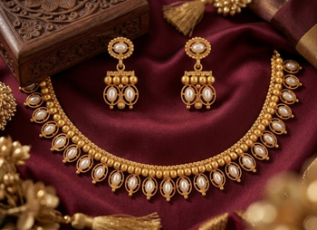 Antique gold matte temple jewelry set white  stone choker necklace drop earrings indian wedding bridal 2