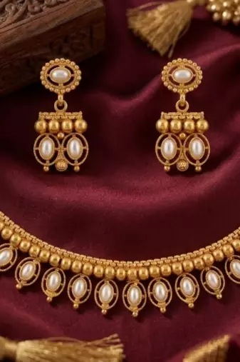 Antique gold matte temple jewelry set white  stone choker necklace drop earrings indian wedding bridal