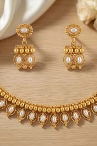 Antique gold matte temple jewelry set white  stone choker necklace drop earrings indian wedding bridal