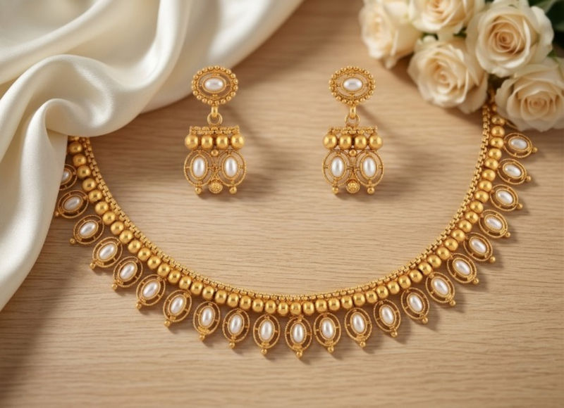 Antique gold matte temple jewelry set white  stone choker necklace drop earrings indian wedding bridal