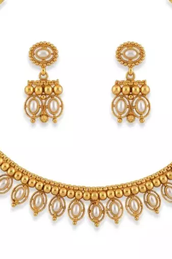 Antique gold matte temple jewelry set white  stone choker necklace drop earrings indian wedding bridal