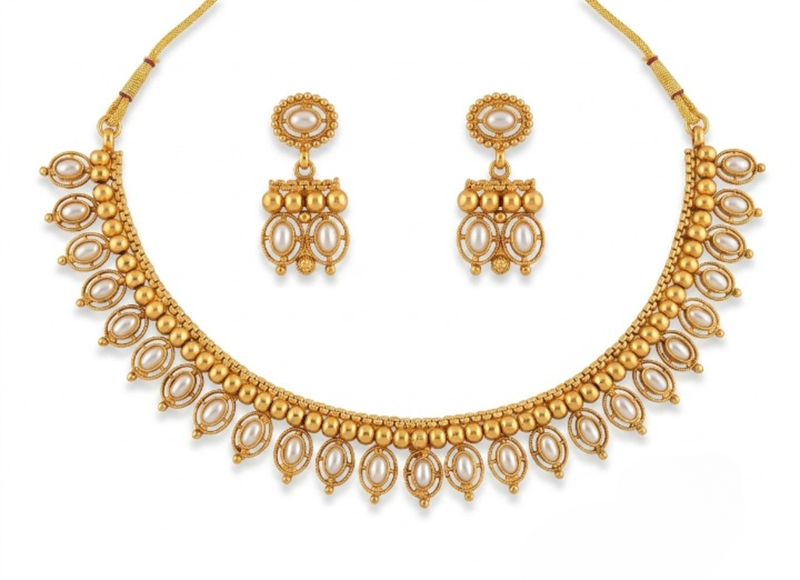 Antique gold matte temple jewelry set white  stone choker necklace drop earrings indian wedding bridal