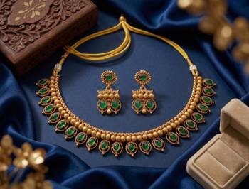 Antique gold matte temple jewelry set green stone choker necklace drop earrings indian wedding bridal 1