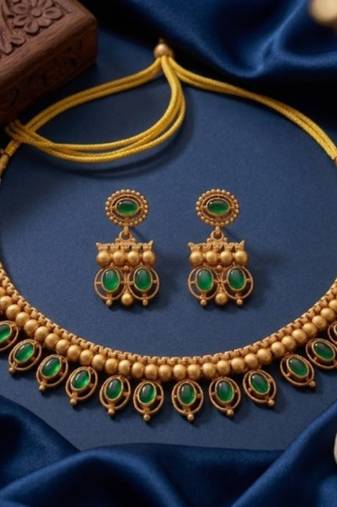 Antique gold matte temple jewelry set green stone choker necklace drop earrings indian wedding bridal