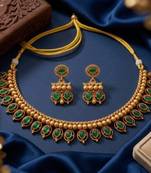 Antique gold matte temple jewelry set green stone choker necklace drop earrings indian wedding bridal