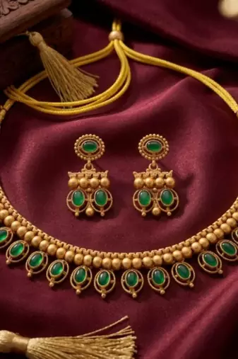 Antique gold matte temple jewelry set green stone choker necklace drop earrings indian wedding bridal