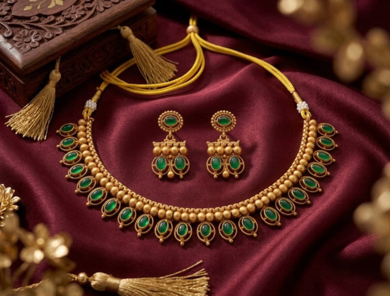 Antique gold matte temple jewelry set green stone choker necklace drop earrings indian wedding bridal