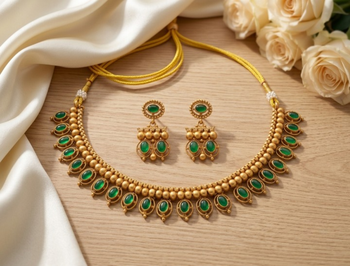 Antique gold matte temple jewelry set green stone choker necklace drop earrings indian wedding bridal 3