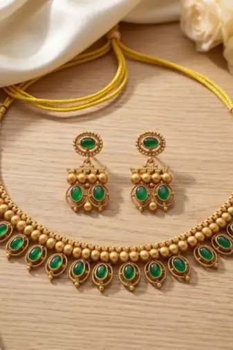 Antique gold matte temple jewelry set green stone choker necklace drop earrings indian wedding bridal