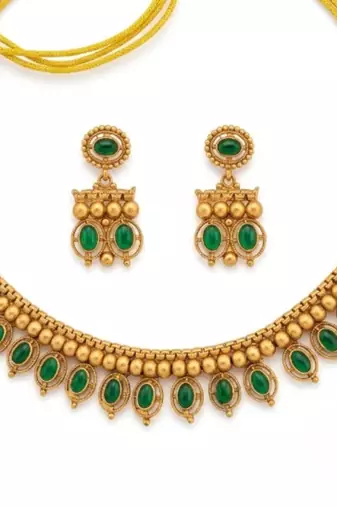 Antique gold matte temple jewelry set green stone choker necklace drop earrings indian wedding bridal