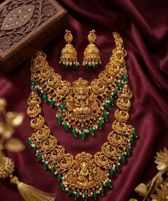 Temple jewelry set with goddess lakshmi pendant, peacock jhumkas & green beads - south indian bridal set 2