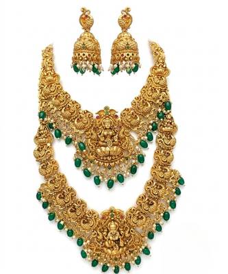 Temple jewelry set with goddess lakshmi pendant, peacock jhumkas & green beads - south indian bridal set 4