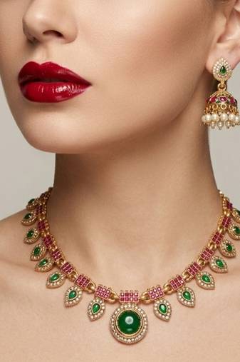 Gold plated necklace set with jhumka earrings | south indian temple jewelry for festive wedding wear