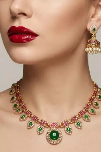 Gold plated necklace set with jhumka earrings | south indian temple jewelry for festive wedding wear
