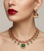 Gold plated necklace set with jhumka earrings | south indian temple jewelry for festive wedding wear