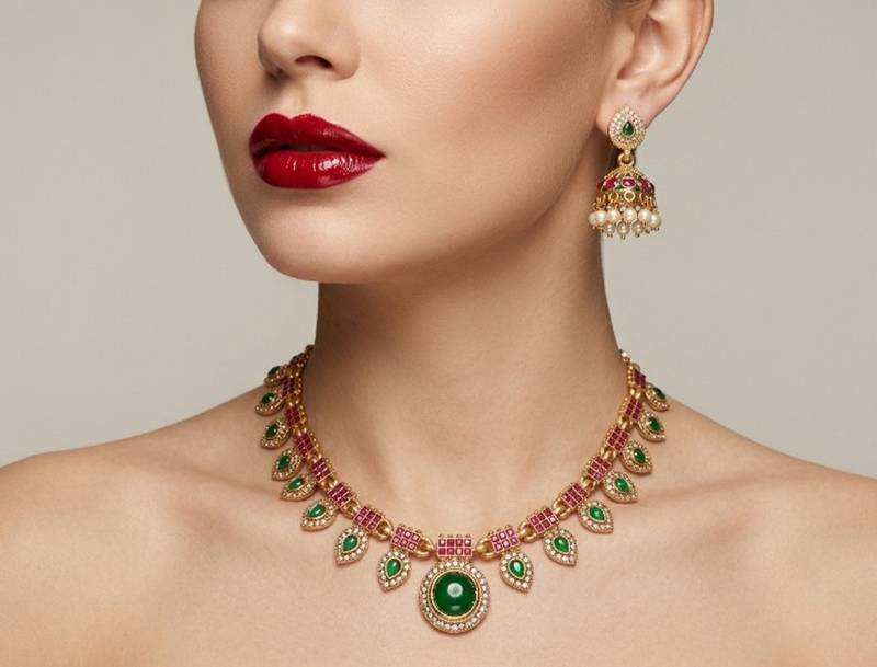 Gold plated necklace set with jhumka earrings | south indian temple jewelry for festive wedding wear