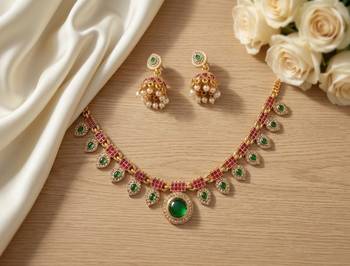 Gold plated necklace set with jhumka earrings | south indian temple jewelry for festive wedding wear 2