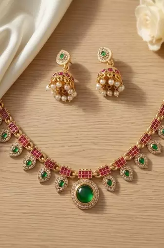Gold plated necklace set with jhumka earrings | south indian temple jewelry for festive wedding wear