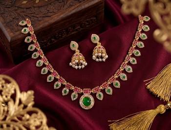 Gold plated necklace set with jhumka earrings | south indian temple jewelry for festive wedding wear 3