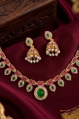 Gold plated necklace set with jhumka earrings | south indian temple jewelry for festive wedding wear