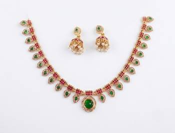 Gold plated necklace set with jhumka earrings | south indian temple jewelry for festive wedding wear 4