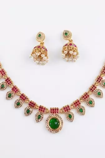 Gold plated necklace set with jhumka earrings | south indian temple jewelry for festive wedding wear
