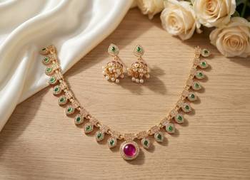 Gold plated necklace set with jhumka earrings | south indian temple jewelry for festive wedding wear 1