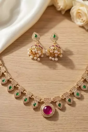 Gold plated necklace set with jhumka earrings | south indian temple jewelry for festive wedding wear