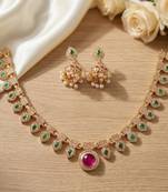 Gold plated necklace set with jhumka earrings | south indian temple jewelry for festive wedding wear