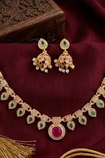 Gold plated necklace set with jhumka earrings | south indian temple jewelry for festive wedding wear