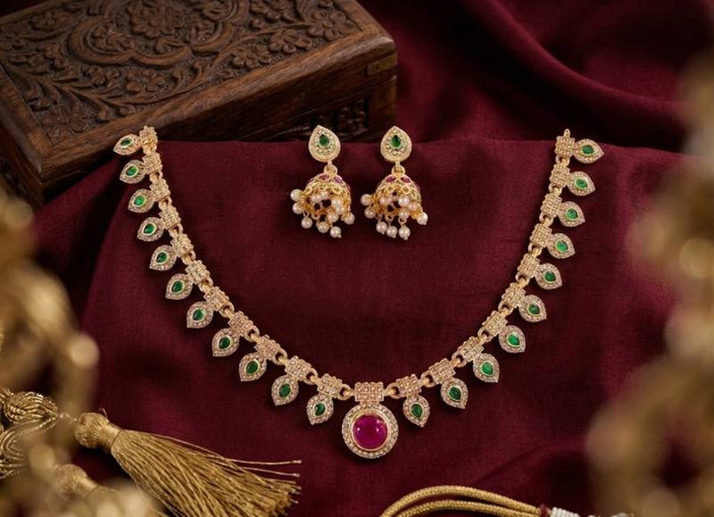 Gold plated necklace set with jhumka earrings | south indian temple jewelry for festive wedding wear