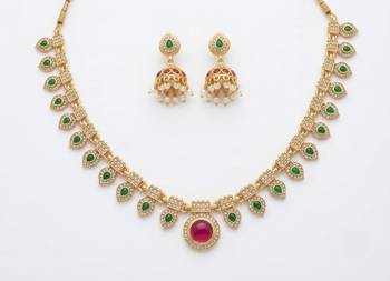 Gold plated necklace set with jhumka earrings | south indian temple jewelry for festive wedding wear 3