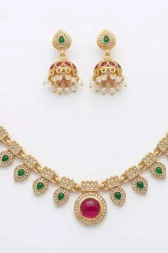 Gold plated necklace set with jhumka earrings | south indian temple jewelry for festive wedding wear
