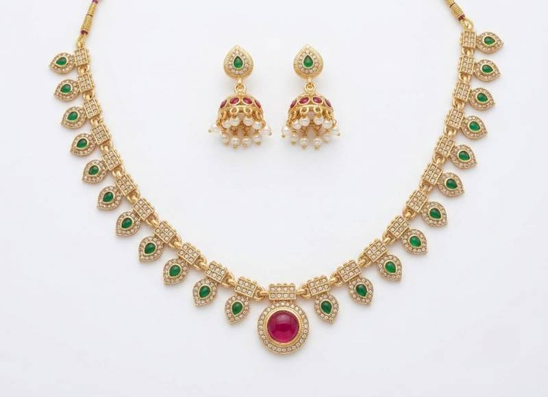 Gold plated necklace set with jhumka earrings | south indian temple jewelry for festive wedding wear