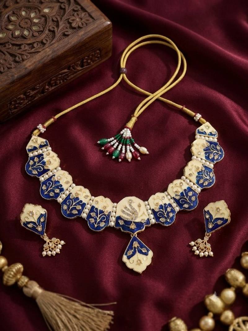 Meenakari peacock  necklace set with pearl earrings | indian bridal festival jewelry