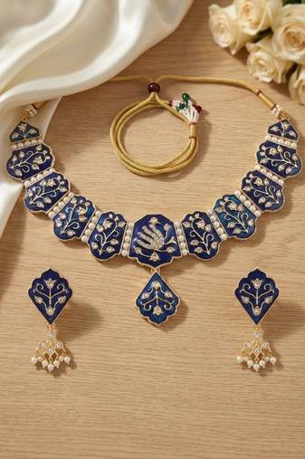 Meenakari peacock  necklace set with pearl earrings | indian bridal festival jewelry