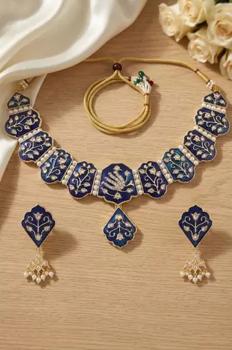 Meenakari peacock  necklace set with pearl earrings | indian bridal festival jewelry