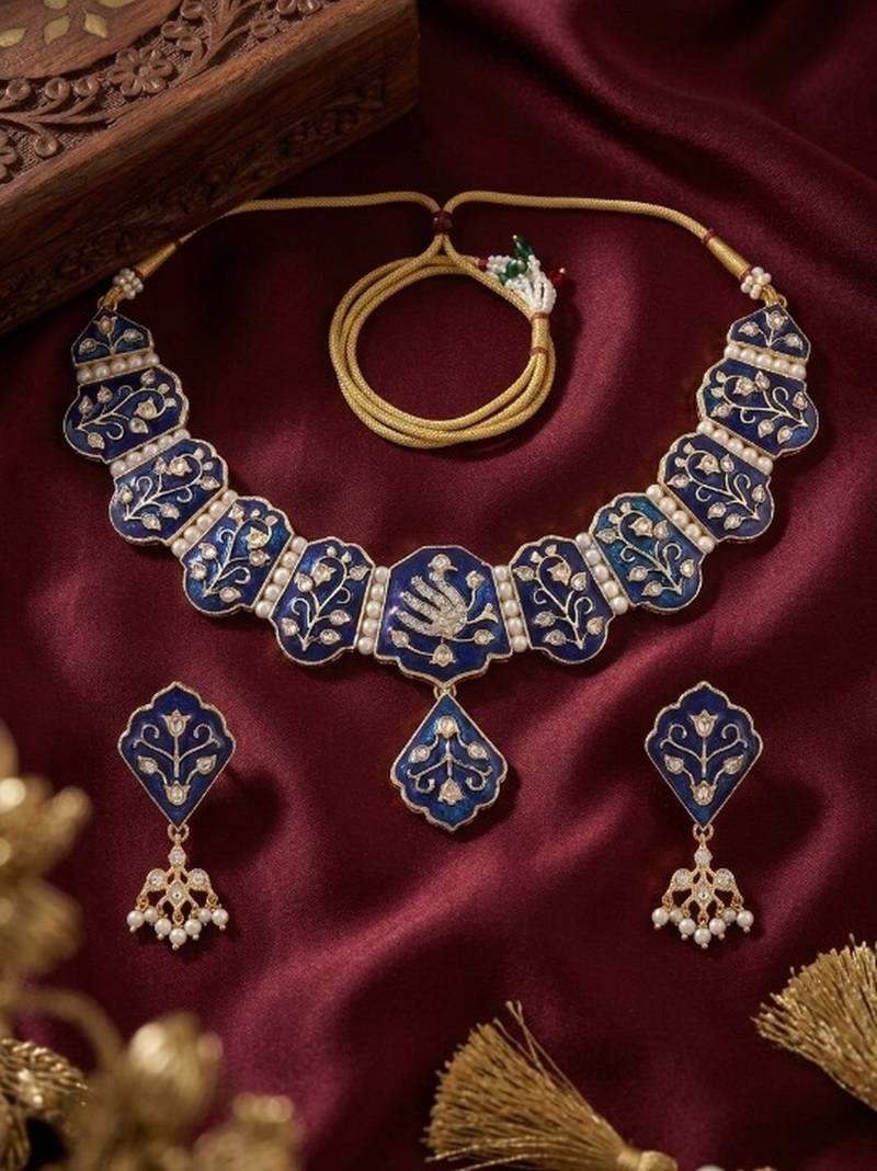Meenakari peacock  necklace set with pearl earrings | indian bridal festival jewelry