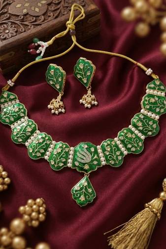 Meenakari peacock  necklace set with pearl earrings | indian bridal festival jewelry