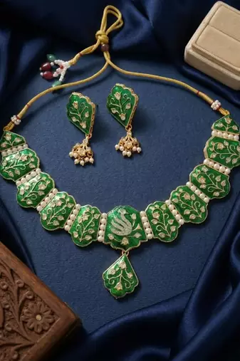 Meenakari peacock  necklace set with pearl earrings | indian bridal festival jewelry