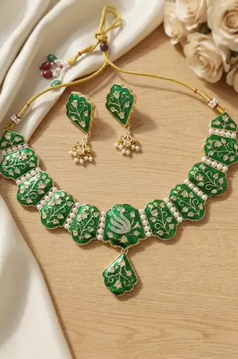 Meenakari peacock  necklace set with pearl earrings | indian bridal festival jewelry