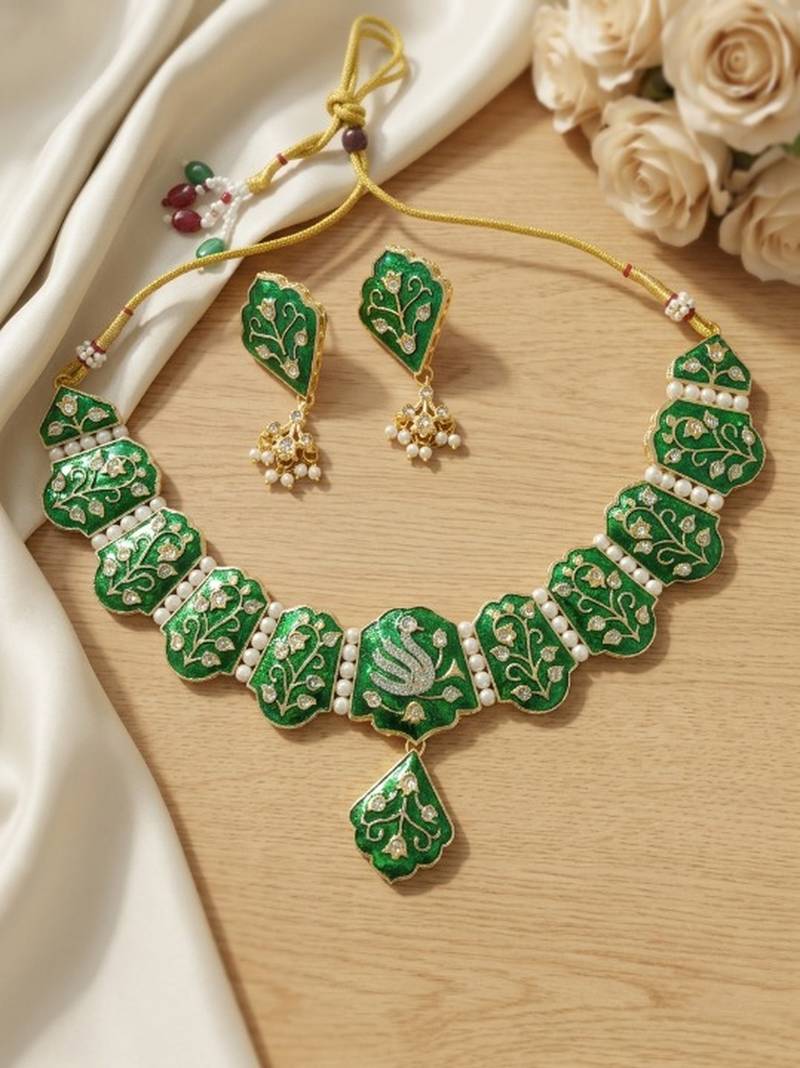 Meenakari peacock  necklace set with pearl earrings | indian bridal festival jewelry