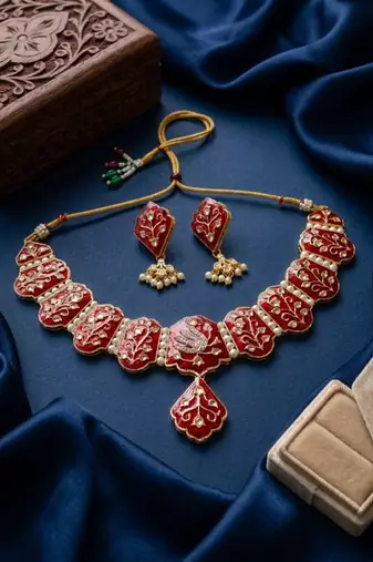 Meenakari peacock  necklace set with pearl earrings | indian bridal festival jewelry