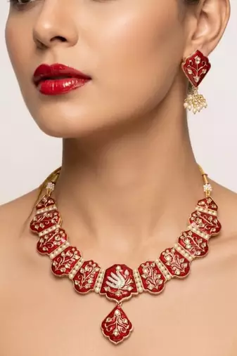 Meenakari peacock  necklace set with pearl earrings | indian bridal festival jewelry